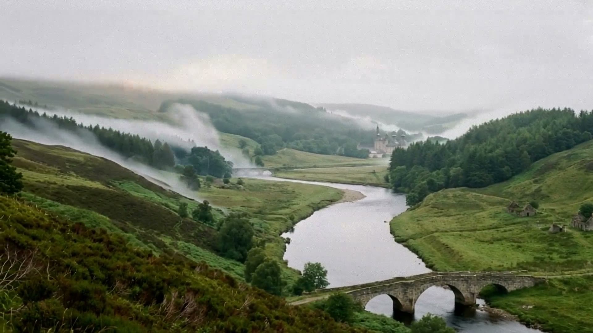 Mist lying across green highland hills, a river bending past a stone arch bridge toward a distant estate house